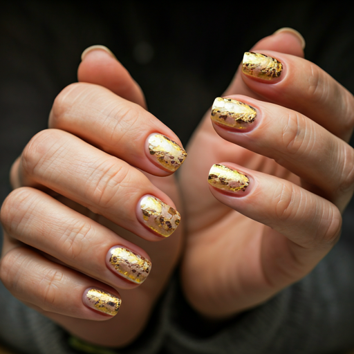 After photo: Stunning gel nail art with gold foil details on elegant hands, editorial style.