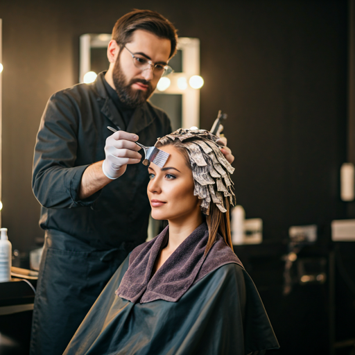 Woman at a luxury hair station getting her color meticulously applied by a professional.