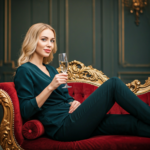 Beautiful woman resting in a luxury velvet lounge chair with a glass of champagne at the salon.