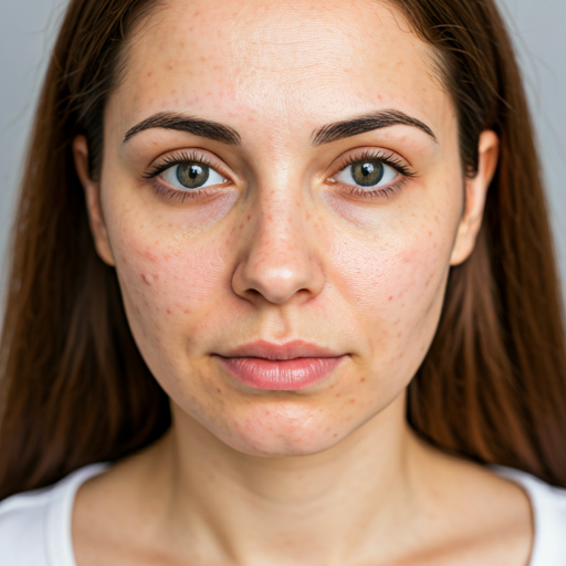 Before photo: Woman with minor skin imperfections and dull tone, soft focus background.