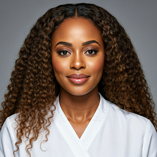 Amara Osei, professional female skin therapist with glowing complexion, soft editorial lighting.