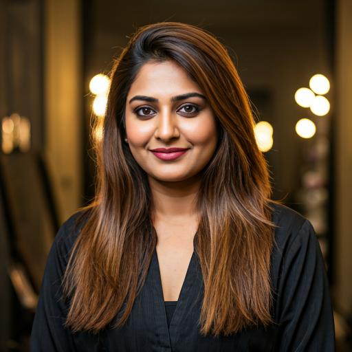 Priya Sharma, professional female hair colorist with artistic expression, warm lighting.