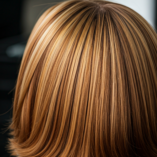 Close up of high-end salon hair styling session with warm highlights